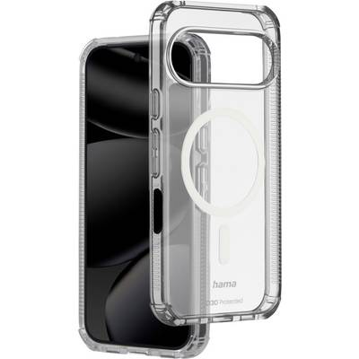 Un étui de téléphone transparent avec des bords protecteurs, conçu pour un modèle de smartphone spécifique, présentant un élément circulaire à l'arrière.