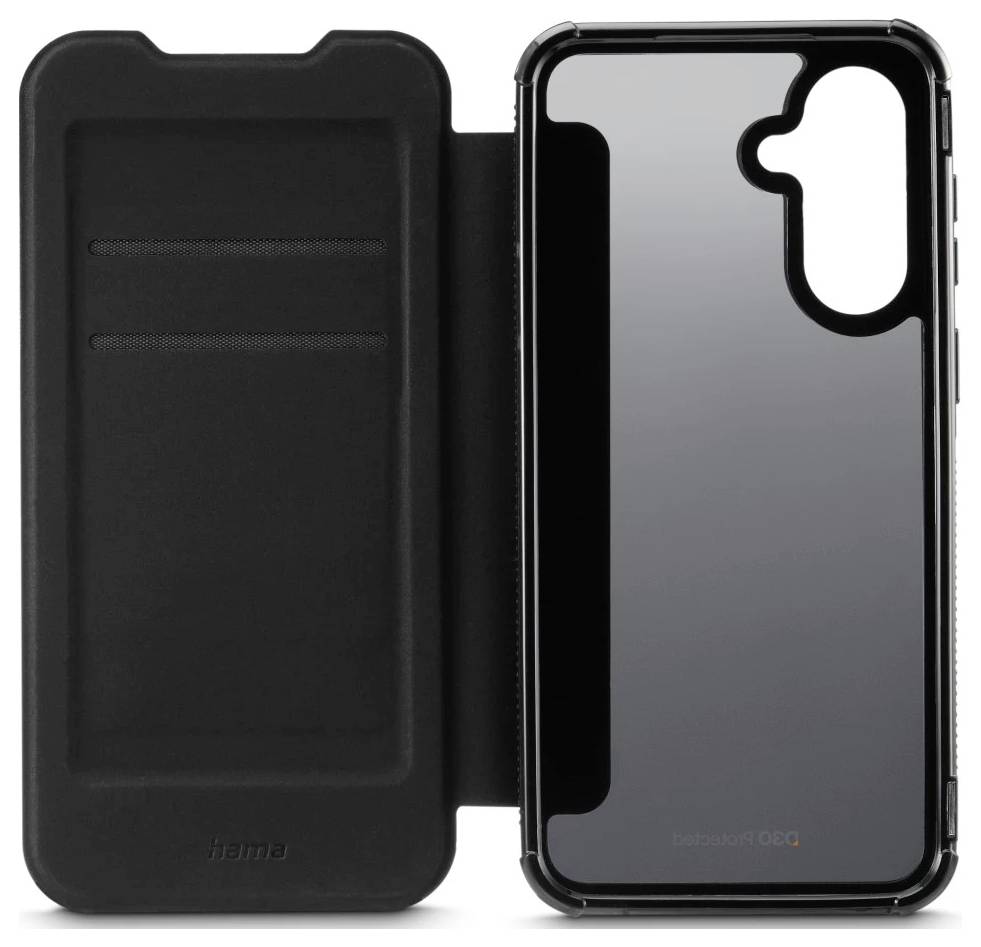 Un étui de smartphone noir avec une couverture rabattable et un dos transparent est ouvert, montrant des emplacements pour cartes.