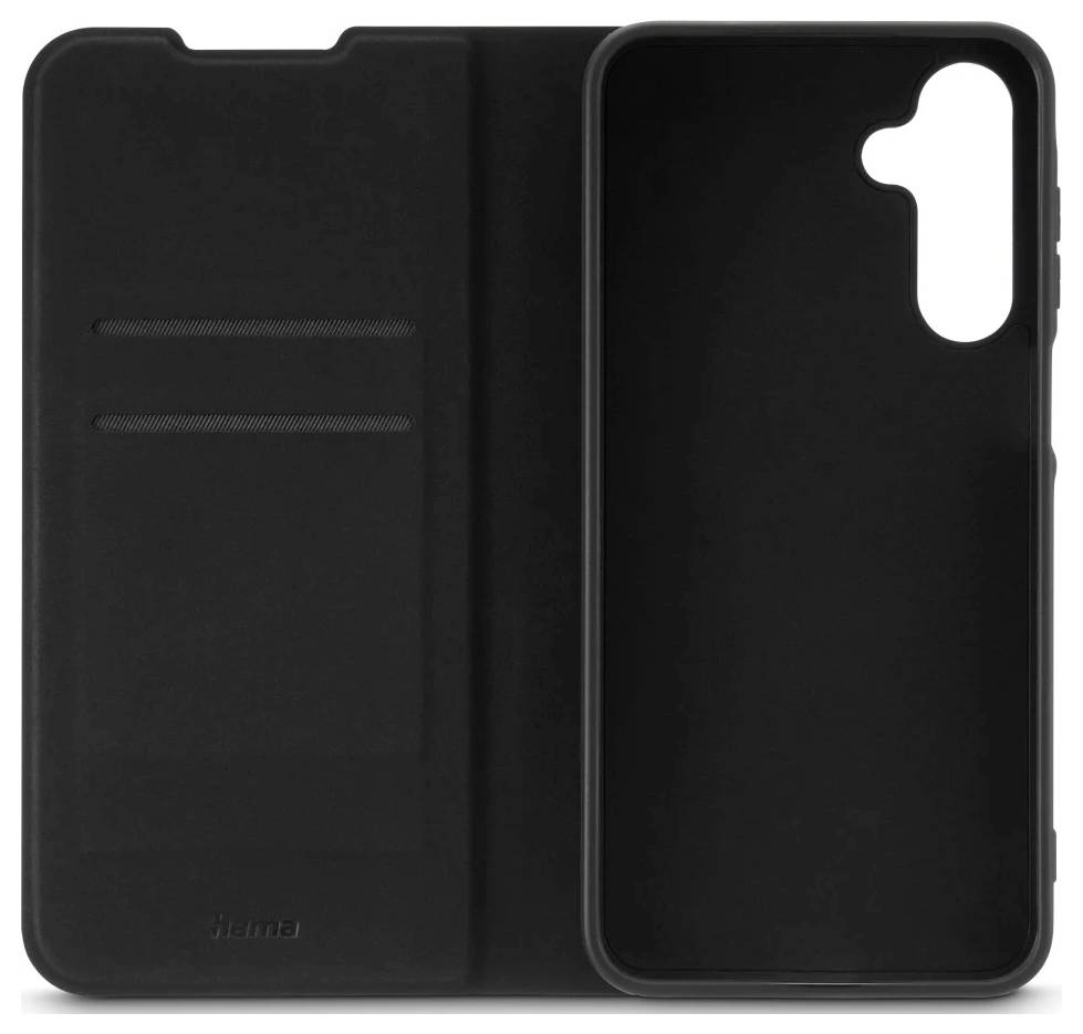 Un étui de téléphone noir avec un rabat pliable, doté de deux emplacements pour cartes à l'intérieur et une découpe pour l'appareil photo à l'arrière.