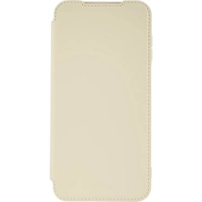 Un étui de smartphone beige avec une couverture avant, fermé, présentant un design simple et minimaliste.