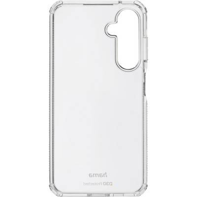Un étui de téléphone transparent avec une découpe en forme de nuage, conçu pour protéger la caméra. Le nom de la marque 'Hama' est visible au bas de l'étui.