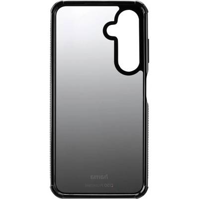 Étui de téléphone transparent avec une bordure noire, comprenant une ouverture pour l'appareil photo et les boutons, conçu pour s'adapter à un modèle de smartphone spécifique.
