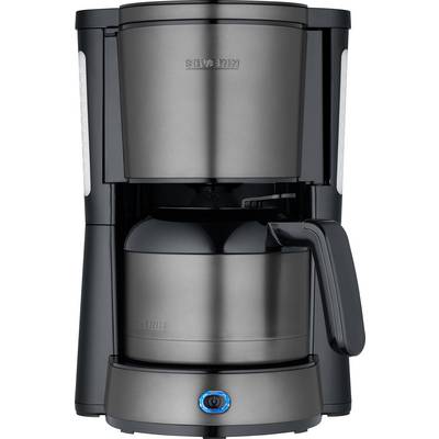 Un cafetière élégante en noir avec une carafe en acier inoxydable, dotée d'un bouton marche/arrêt et d'indicateurs de niveau d'eau sur les côtés.