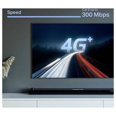 Un écran de télévision affichant '4G+' avec une vue de route de nuit. Texte au-dessus de la télévision : « Speed Cat 6 jusqu'à 300 Mbps ».