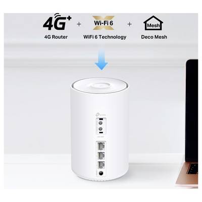 Un routeur 4G cylindrique blanc avec technologie Wi-Fi 6 est posé sur une table. Les caractéristiques comprennent Deco Mesh, trois ports LAN et une entrée d'alimentation.