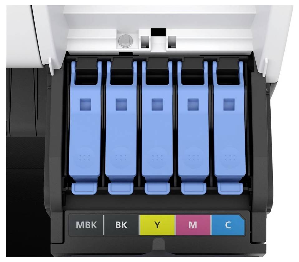 Cinq cartouches d'encre d'imprimante avec des poignées bleues, étiquetées 'MBK', 'BK', 'Y', 'M', 'C', indiquant des encres noires et colorées pour imprimante.