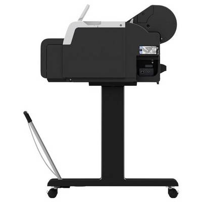 Une machine de bureau noire et grise sur un support à roulettes, utilisée pour traiter ou manipuler des documents papier, avec une fente d'alimentation incurvée sur le dessus.