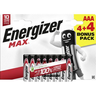 Energizer Max AAA 4+4 Pack de piles bonus avec mascotte de pile de bande dessinée. Promet jusqu'à 100 % d'autonomie plus longue.
