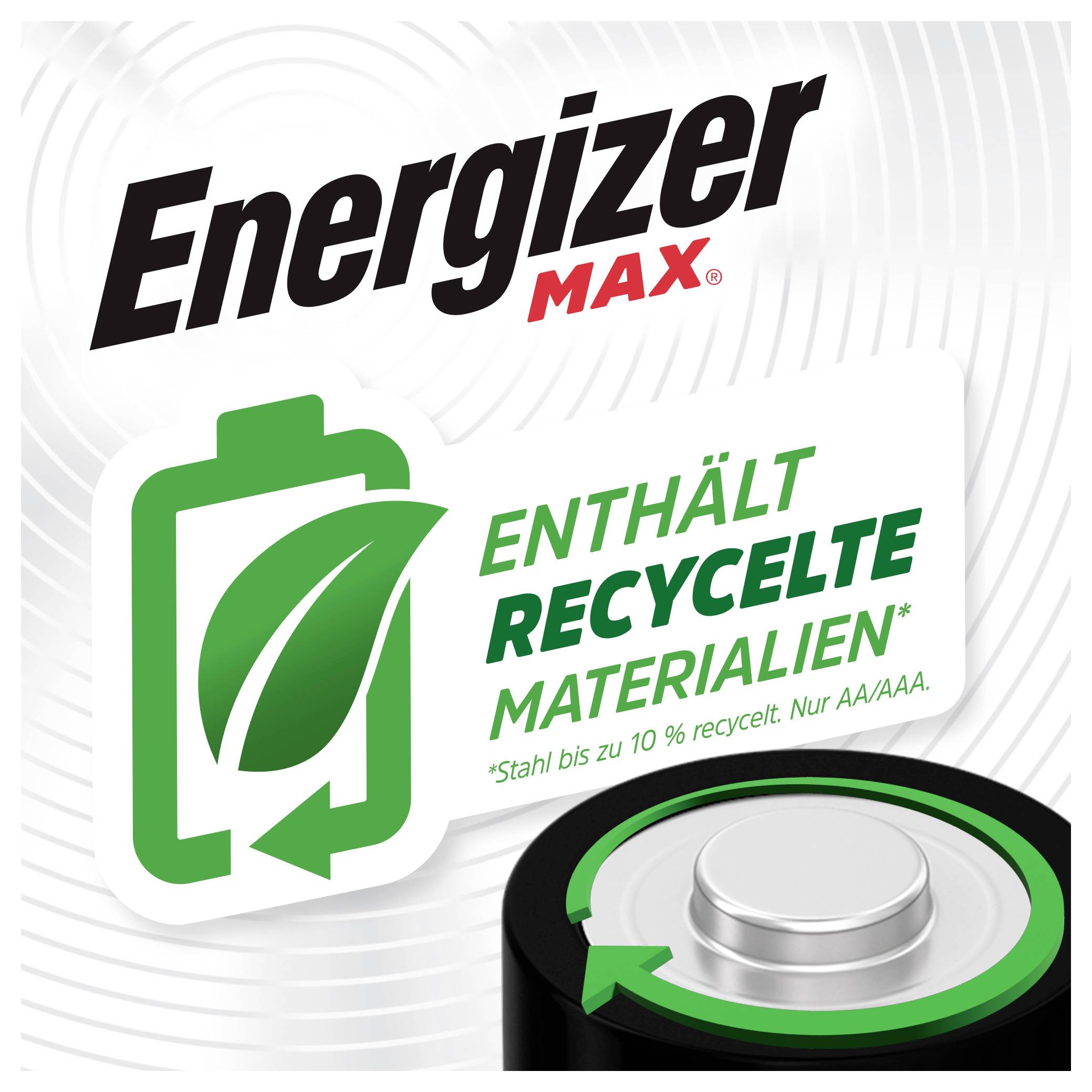 Publicité pour les piles Energizer Max : « Contient des matériaux recyclés, acier recyclé jusqu'à 10 % ». Uniquement AA/AAA.
