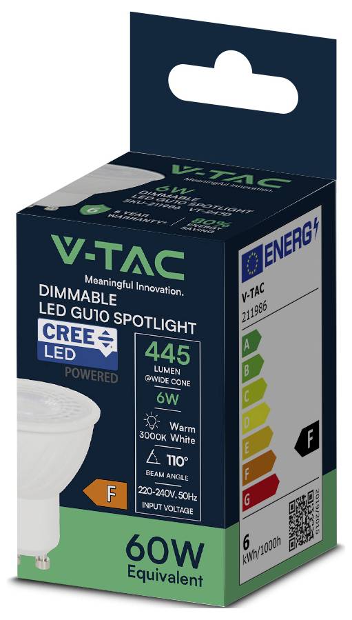 'Projecteur LED GU10 dimmable de V-TAC, puissance de 6W, 445 lumens, lumière blanche chaude 3000K, faisceau large, classe énergétique F, équivalent à 60W.'