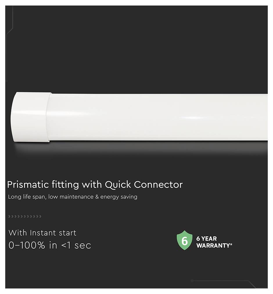 Un tube fluorescent avec le texte « Montage prismatique avec connecteur rapide. Longue durée de vie, faible maintenance et économie d'énergie. Démarrage instantané de 0 à 100 % en moins de 1 seconde. Garantie de 6 ans. »