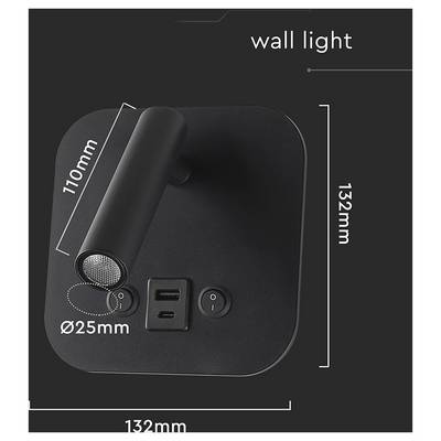 Applique murale carrée noire avec dimensions : 132 mm par 132 mm ; longueur du bras de 110 mm et diamètre de 25 mm. Caractéristiques comprenant deux ports USB et un interrupteur.