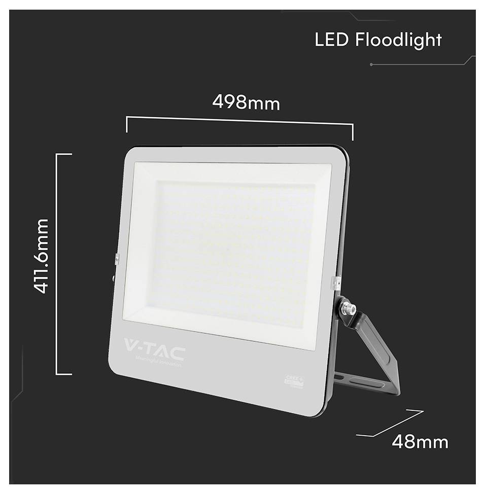 Projecteur LED avec dimensions : 498 mm de largeur, 411,6 mm de hauteur, 48 mm de profondeur. Comprend un logo V-TAC.
