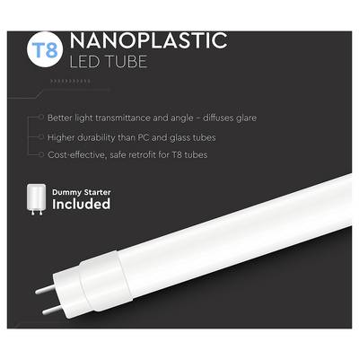 Tube LED Nanoplastique T8. Meilleure transmission lumineuse, réduction de l'éblouissement, durabilité supérieure par rapport aux tubes en PC et en verre. Inclut un starter factice.