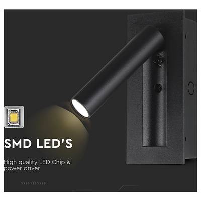 Projecteur LED noir mural avec bras cylindrique ajustable, émettant de la lumière sur une surface. Texte indiquant 'LED SMD' et 'Puce LED de haute qualité & driver de puissance.'