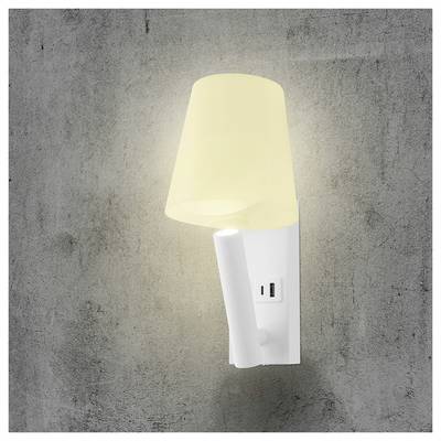 Lampe murale avec un abat-jour jaune qui émet une lumière douce, fixée à un mur gris texturé. Le socle de la lampe dispose d'un port USB.