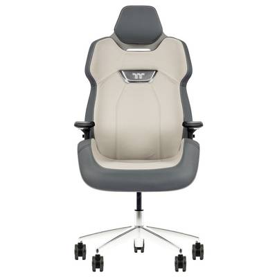 Une chaise de bureau ergonomique moderne avec un dossier haut, un revêtement gris et beige, des accoudoirs réglables et un socle à cinq roulettes.