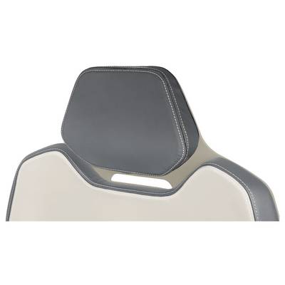 Appui-tête de siège de voiture avec coussin foncé, accent beige et détail de couture visible.