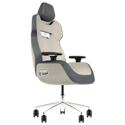Chaise de bureau ergonomique avec accoudoirs réglables et dossier haut, présentant un design élégant beige et gris sur une base métallique à roulettes.