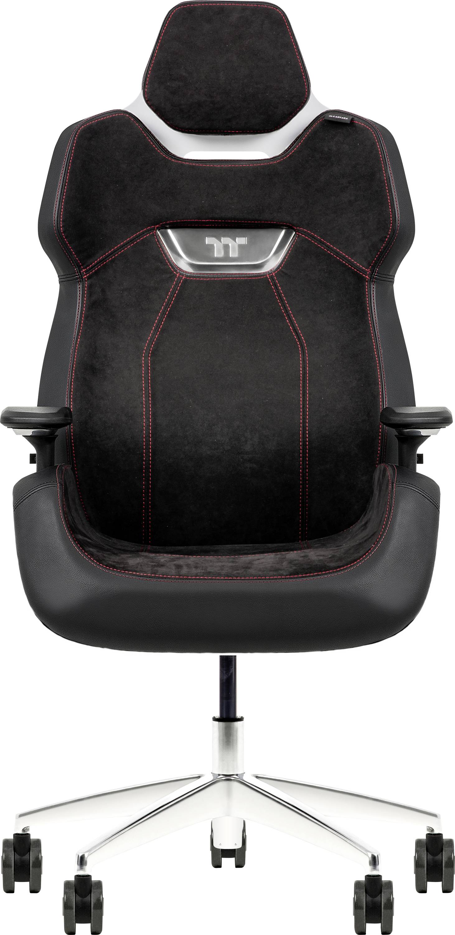 Une chaise de bureau ergonomique noire avec des coutures rouges, au design élégant, dotée d'accoudoirs réglables et d'un socle métallique à cinq roulettes.