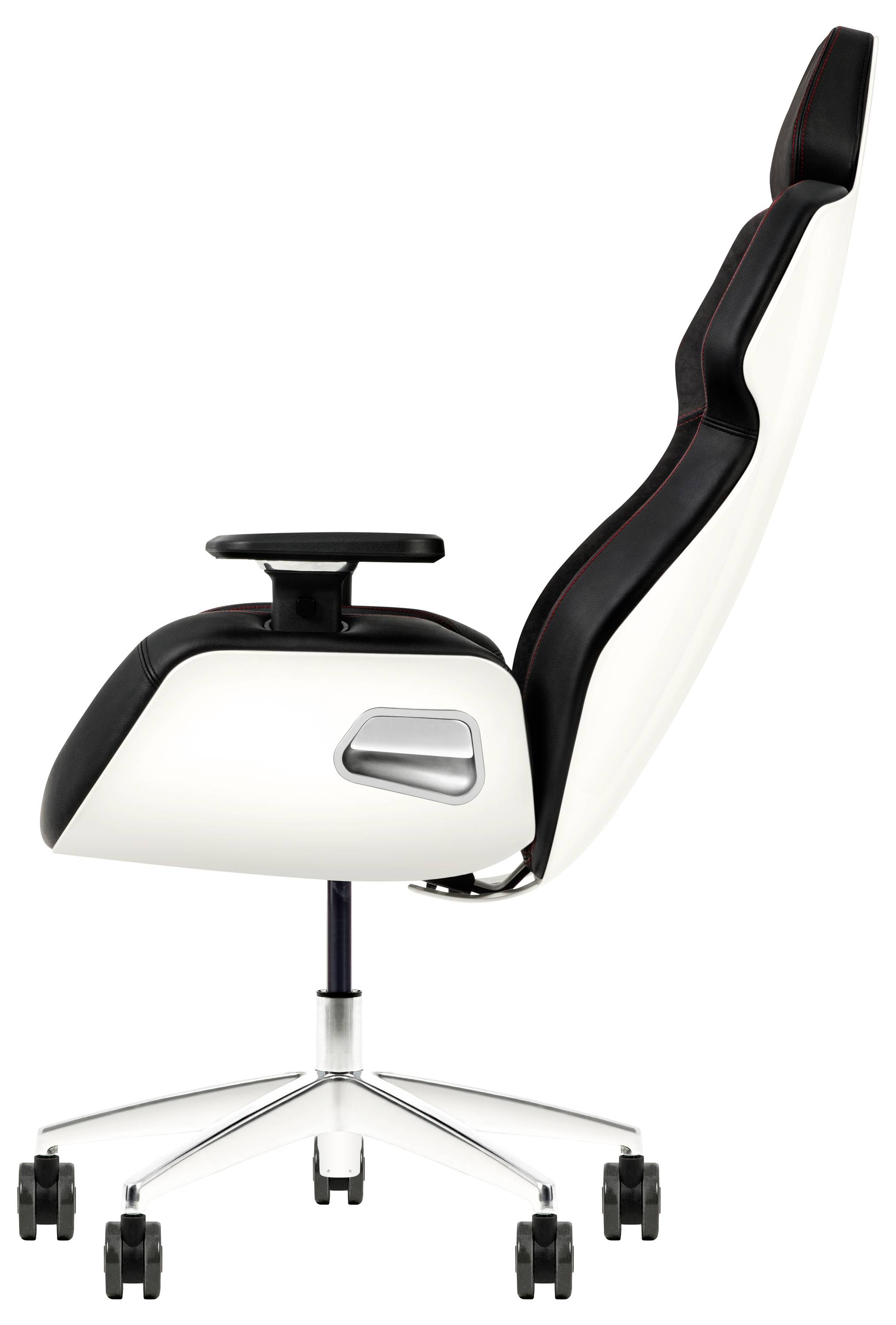 Une chaise de bureau élégante et moderne avec un châssis blanc, un siège rembourré noir et des accoudoirs réglables posés sur une base à cinq roulettes.
