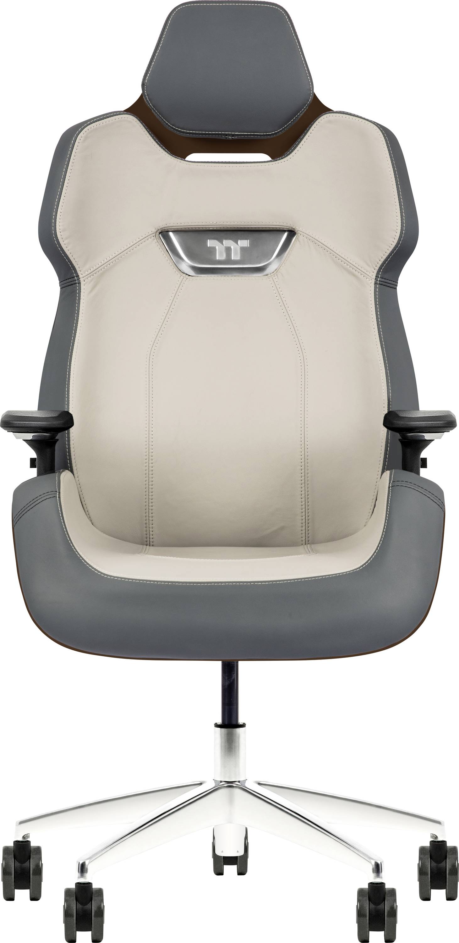 Une chaise de bureau ergonomique moderne avec un dossier haut, garnie d'un revêtement gris et beige, dotée d'accoudoirs réglables et d'un socle pivotant chromé.