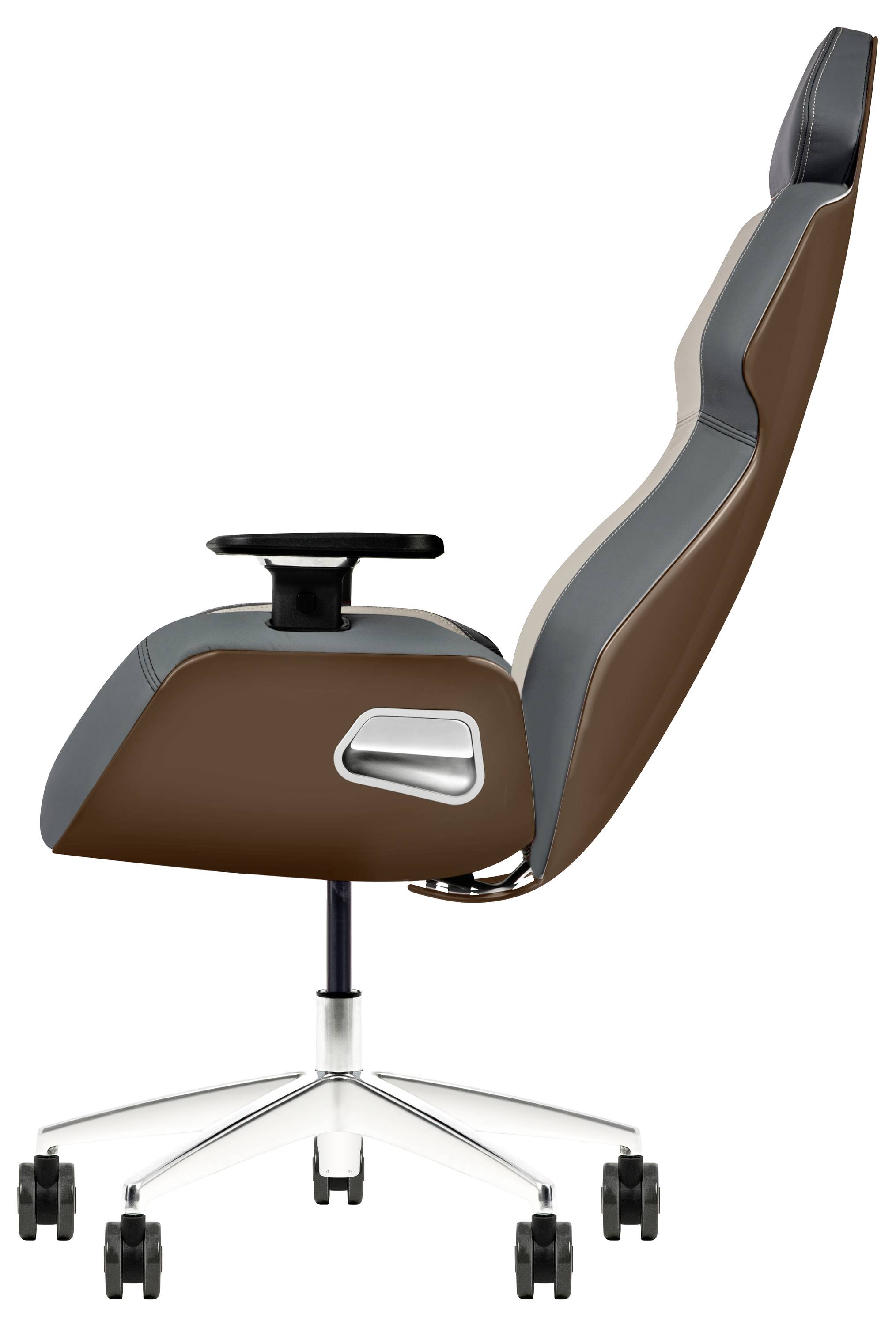 Chaise de bureau élégante et ergonomique avec dossier haut, accoudoirs réglables et base à cinq roulettes, dotée de coussins marron et gris.