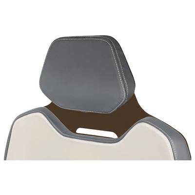 Un appui-tête et une section supérieure de dossier de siège de voiture gris avec des coutures visibles et une découpe de poignée au centre du haut, avec une finition en cuir.