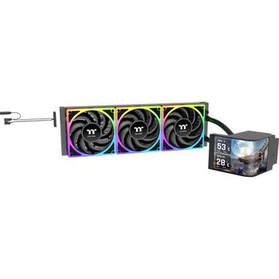 « Système de refroidissement RVB avec trois ventilateurs, éclairage LED et un affichage montrant une température de CPU de 53°C et une température de GPU de 28°C. »