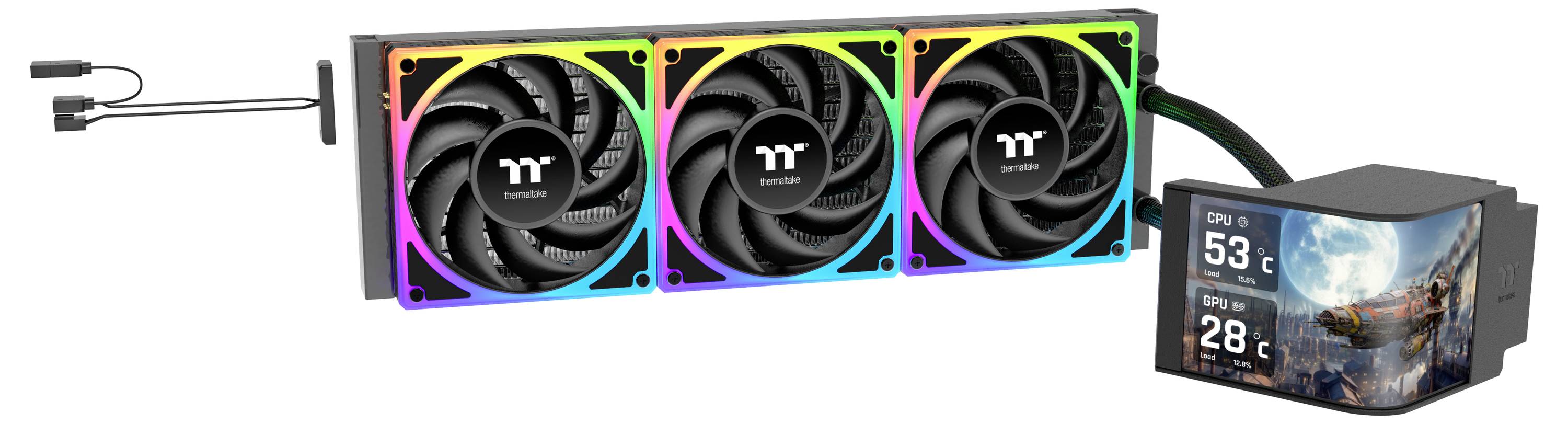 Refroidisseur de CPU liquide doté de trois ventilateurs à éclairage RVB et un affichage numérique indiquant 'CPU 1 : 53°C' et 'GPU 1 : 28°C', avec un arrière-plan panoramique.