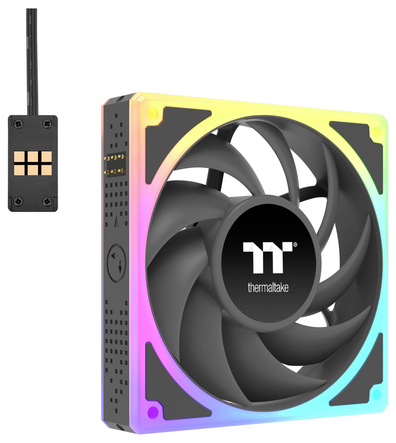 Un ventilateur d'ordinateur Thermaltake avec un design d'éclairage RVB. Le ventilateur possède un moyeu central noir avec le logo 'TT' et des accents lumineux colorés.
