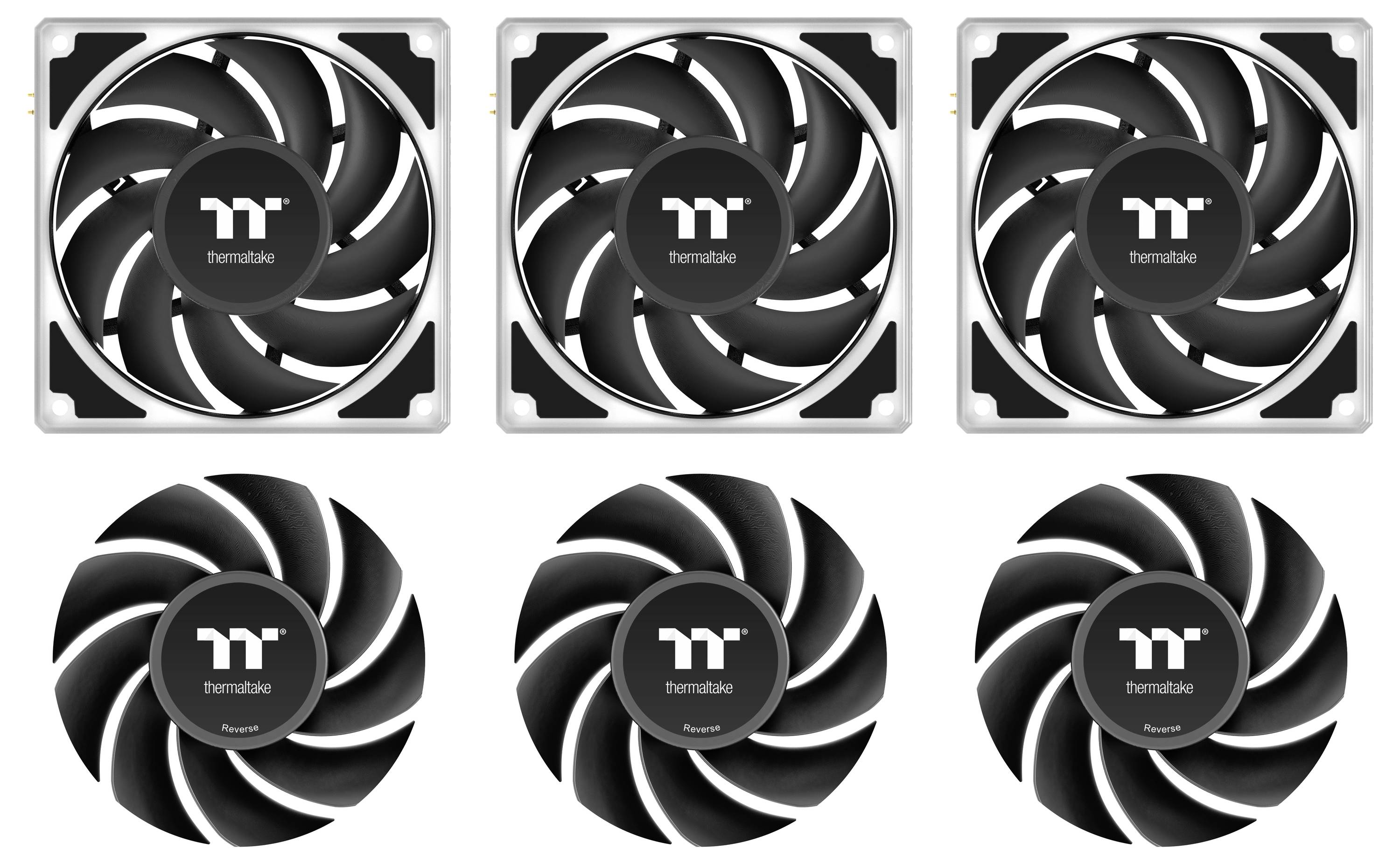 Trois ventilateurs de refroidissement d'ordinateur identiques en noir de Thermaltake, présentés sous différents angles, avec des pales incurvées pour une circulation d'air efficace.