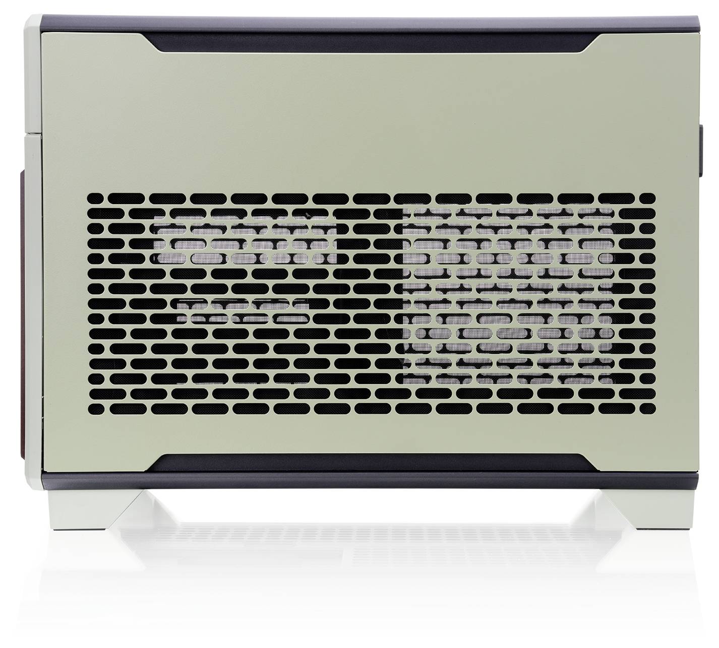 Un purificateur d'air rectangulaire compact dans un boîtier blanc avec un dessus et un côté noirs, doté d'une grille en maille à l'avant pour la circulation de l'air.