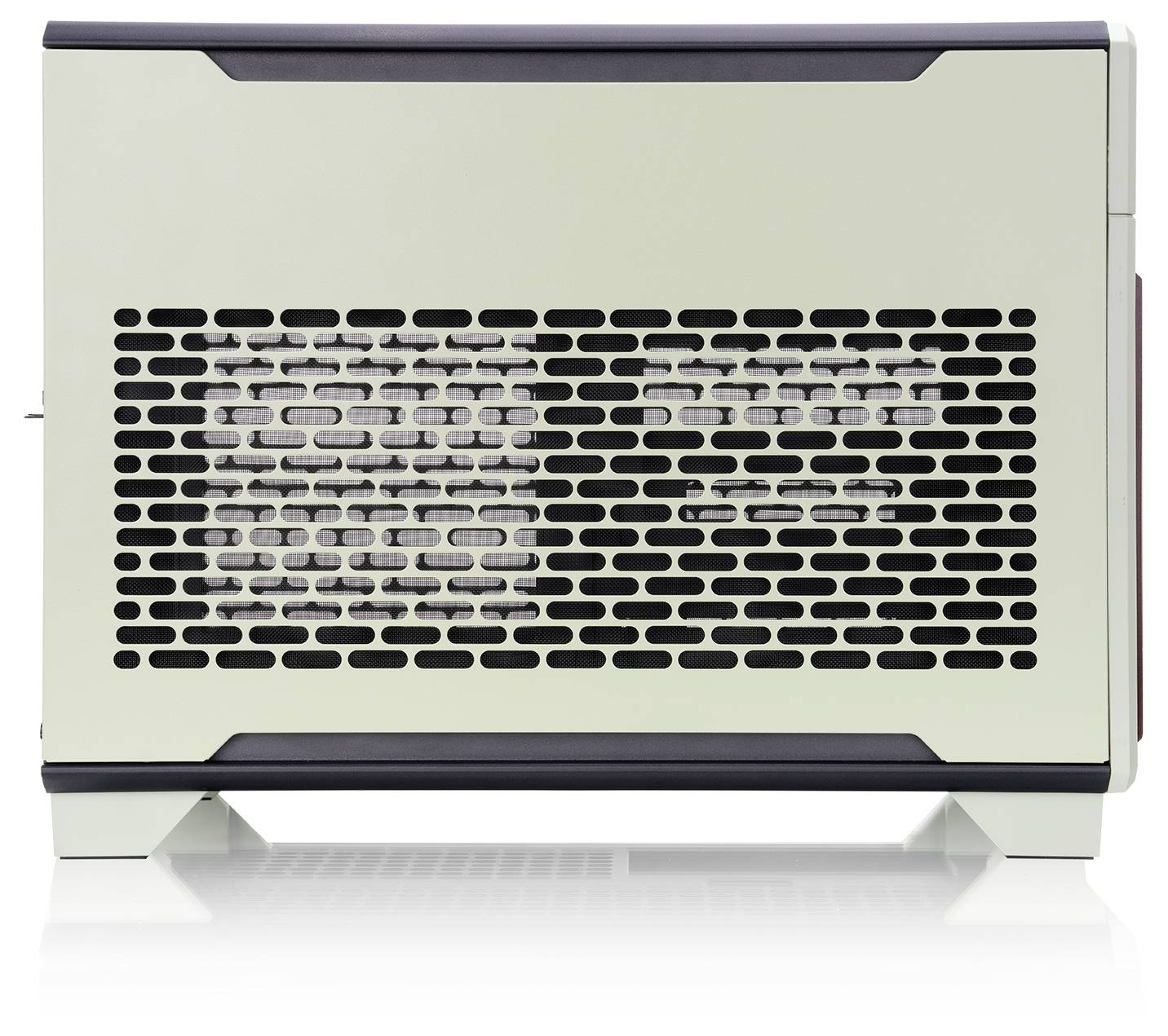 Un dispositif de filtration d'air compact et moderne, avec un extérieur monochrome, doté de bouches d'aération horizontales et de petites pattes surélevées assurant sa stabilité.