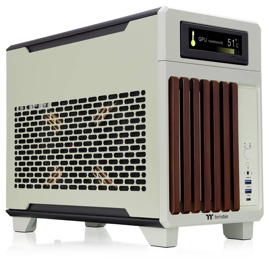 Un boîtier d'ordinateur compact beige avec un affichage numérique indiquant « Température du GPU 51°C ». Il présente des ouvertures de ventilation sur le panneau latéral.