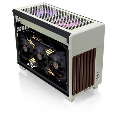 Un boîtier d'ordinateur blanc compact à structure ouverte, équipé d'une carte graphique performante et doté d'un éclairage RVB, mettant en valeur un matériel de jeu moderne.