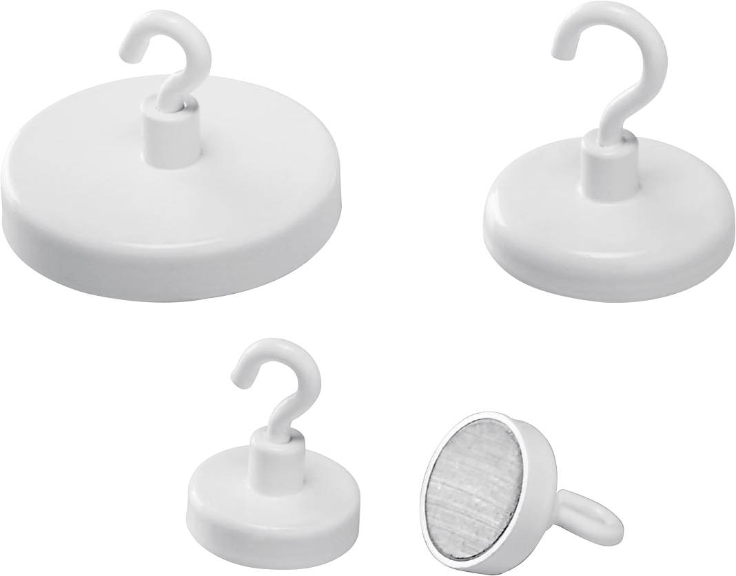 Quatre crochets magnétiques blancs avec des bases arrondies, présentés sous différents angles, montrant les parties du crochet et de l'aimant.