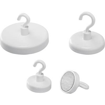 Quatre crochets magnétiques blancs avec des bases arrondies, présentés sous différents angles, montrant les parties du crochet et de l'aimant.