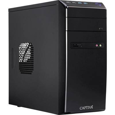 Une tour d'ordinateur noire avec un lecteur DVD, des ports USB et un logo CAPTIVA sur le devant, sur un fond blanc.