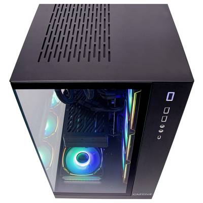 Une tour d'ordinateur de bureau noir avec un panneau latéral transparent révélant les composants internes, dont des ventilateurs éclairés par des LED colorées.