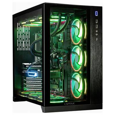 Un PC gamer avec façade en verre, doté de six ventilateurs RGB colorés, des composants internes visibles, et un châssis élégant noir.