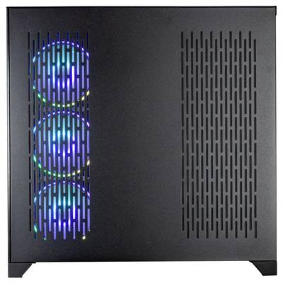 Une tour d'ordinateur noire avec ventilation latérale et trois ventilateurs de refroidissement visibles émettant des lumières LED colorées.