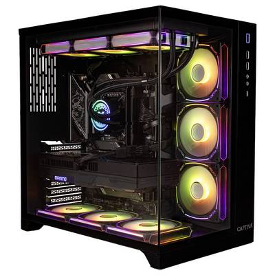 Un ordinateur de bureau gaming avec un panneau latéral transparent montrant les composants internes et un éclairage RVB sur les ventilateurs et la carte mère.
