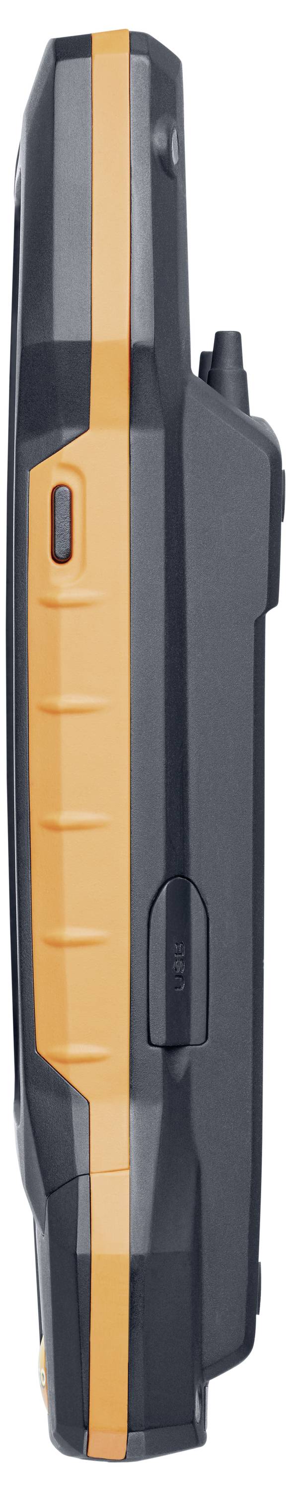 Un appareil portable avec un boîtier orange et noir, doté de boutons latéraux et présentant un design compact et ergonomique pour faciliter son utilisation.