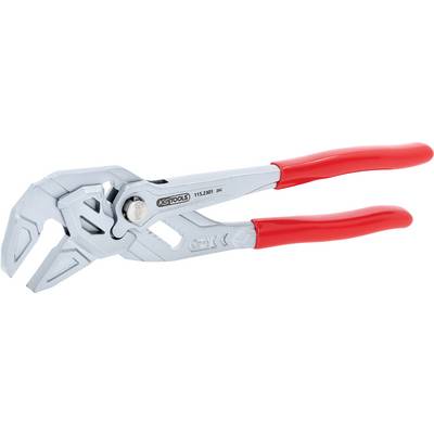 Pinces avec des poignées rouges et une tête de préhension argentée et ajustable, utilisées pour saisir et tourner des objets, présentées sur un fond blanc.