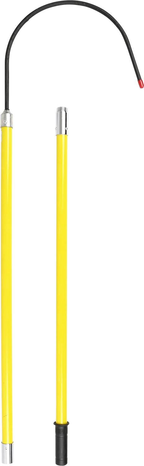 Deux sections de mât en fibre de verre jaune avec des embouts en caoutchouc noir. Un mât a un crochet noir, l'autre dispose d'une poignée en caoutchouc.