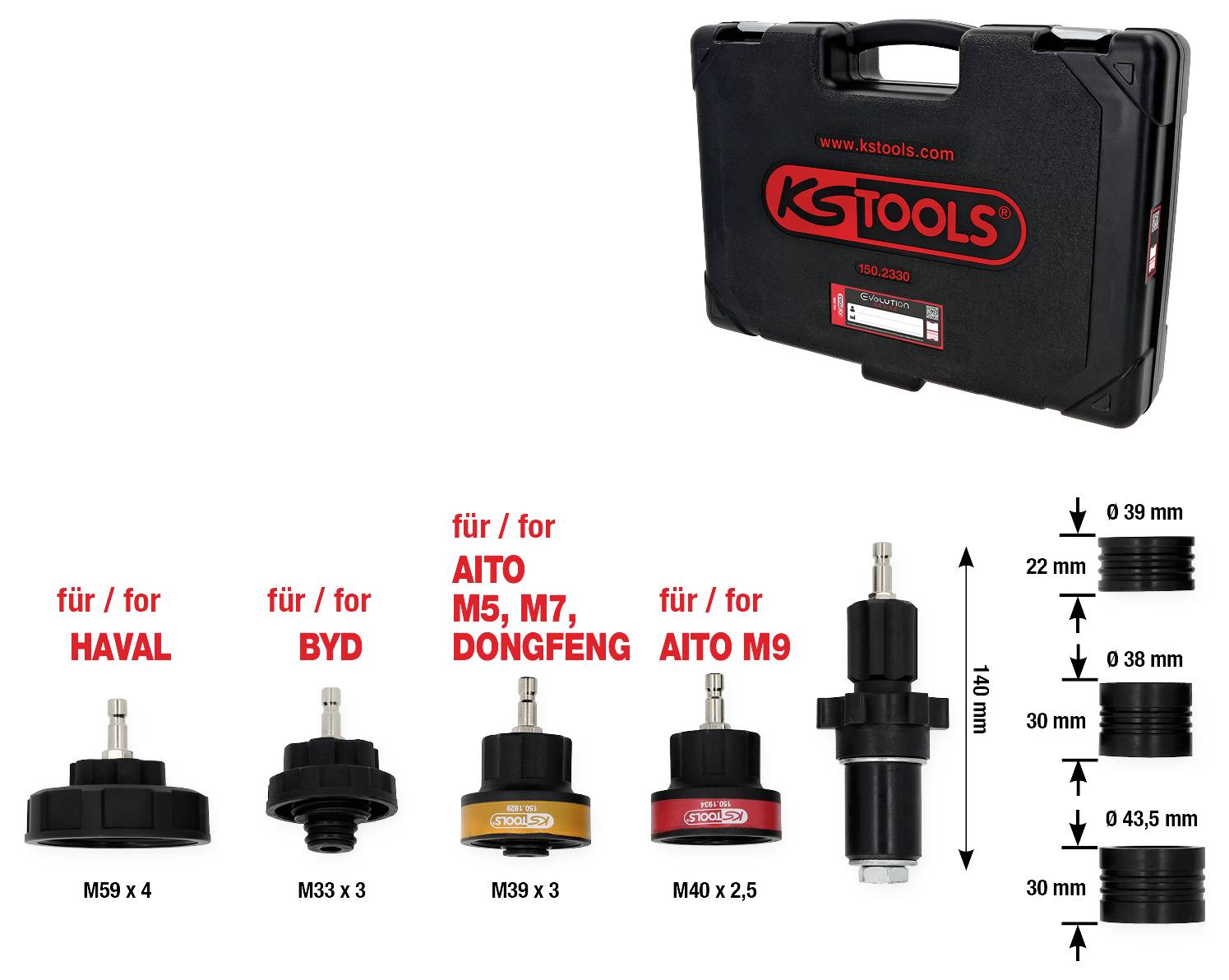 L'image présente un jeu de clés pour bouchons de filtres à huile à impact de KS Tools avec différents adaptateurs. Il comprend des adaptateurs pour Haval, BYD, AITO M5, M7, DONGFENG et AITO M9.