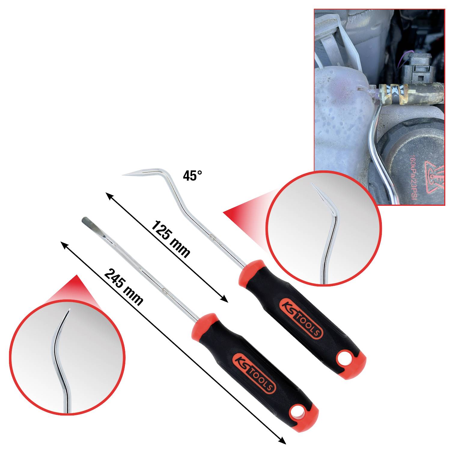 Deux outils crochets de KS Tools, l'un coudé à 45 degrés et l'autre droit. Utilisés pour des tâches mécaniques. Comprend des longueurs : 245 mm et 125 mm.