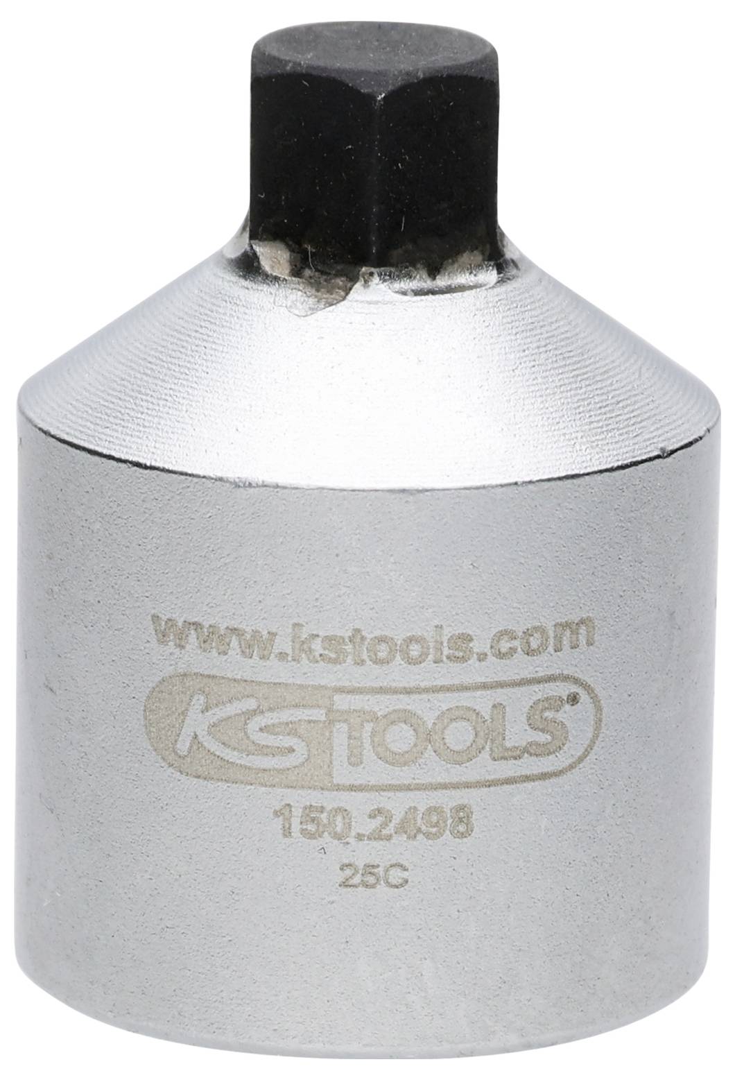Un adaptateur de douille en métal de KS Tools avec un carré d'entraînement, utilisé pour connecter des outils, gravé avec des informations de site web et de numéro de modèle.