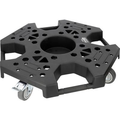 Un chariot noir à roulettes avec une ouverture centrale circulaire et un design en forme d'étoile, utilisé pour transporter des objets lourds.